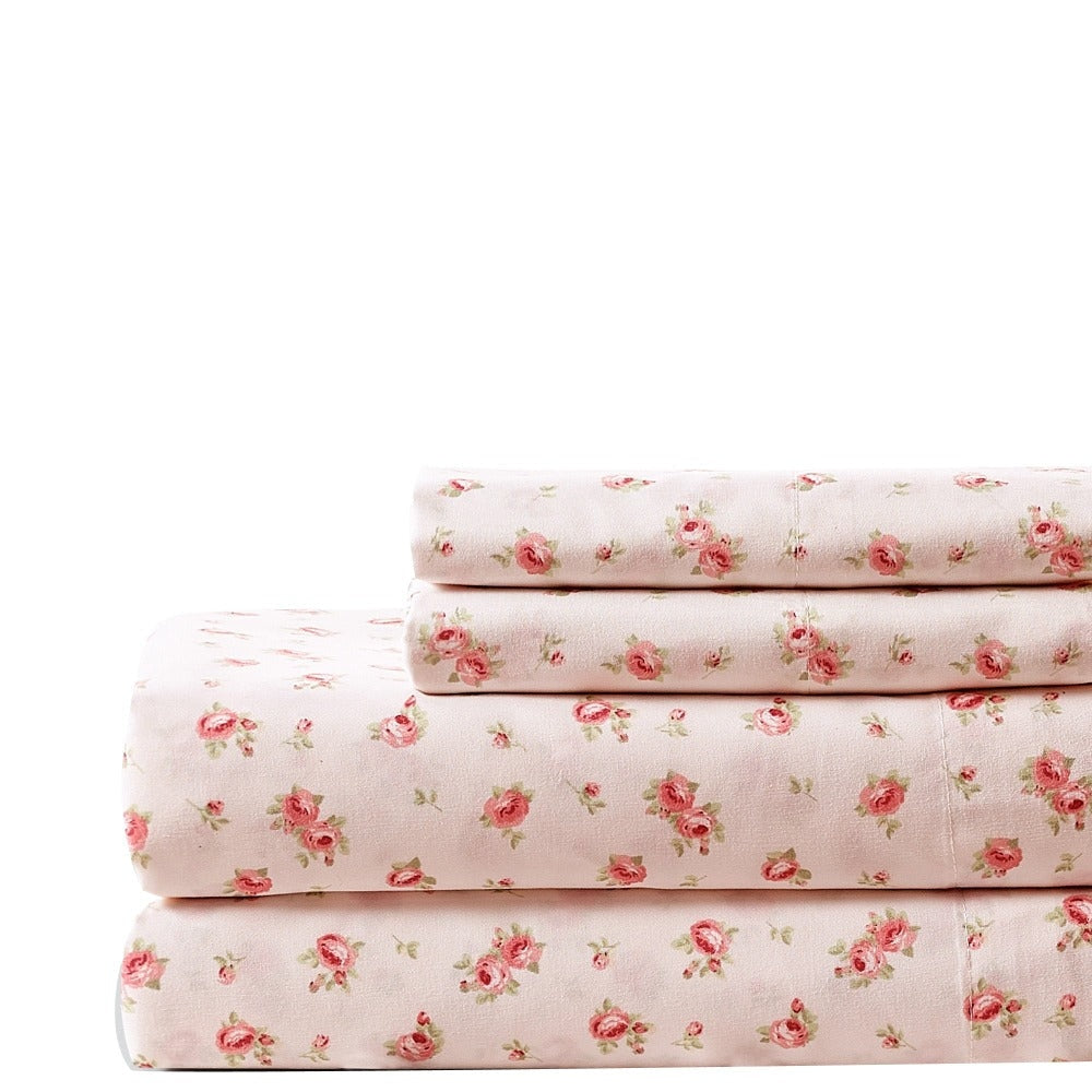 Melun 4 Piece Queen Sheet Set | Rose Pattern | Pink