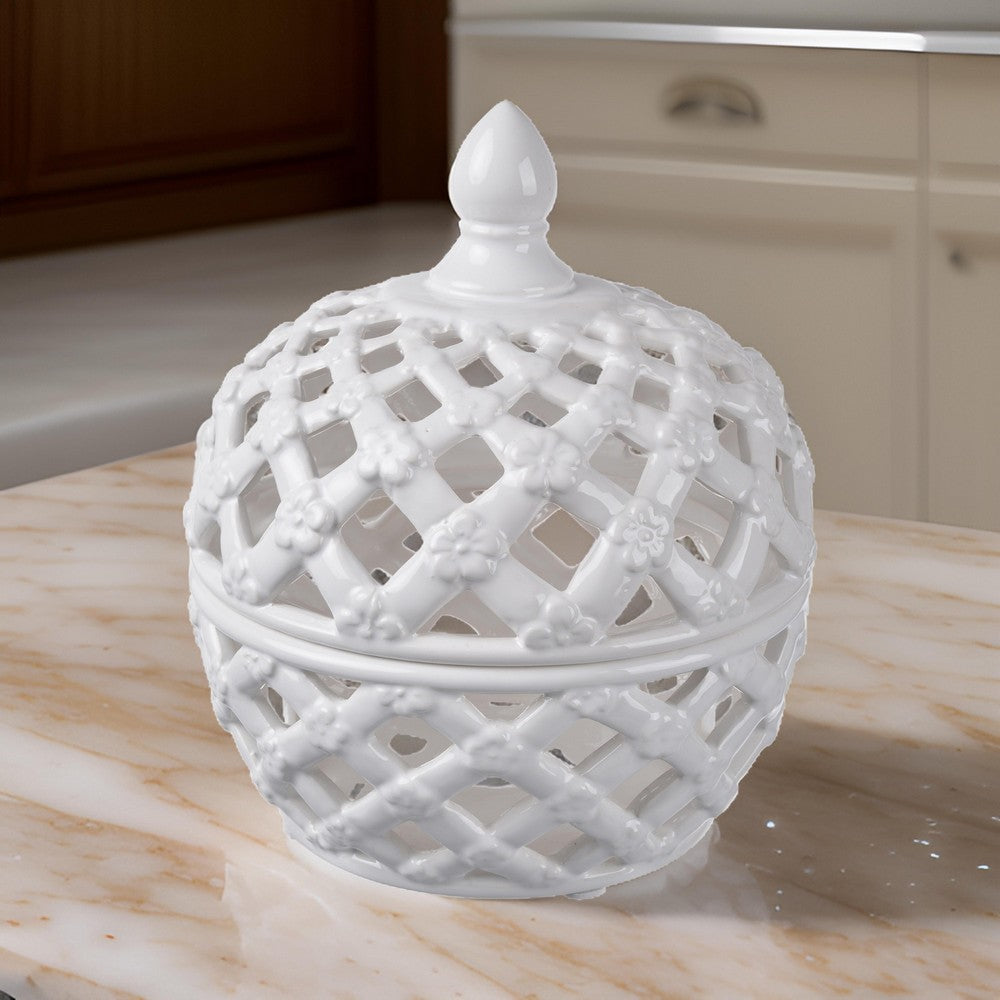 Decorative Jar | Ceramic | Flower Motif | Small | White
