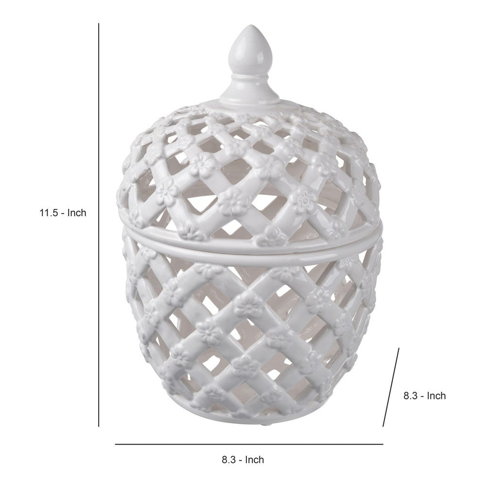 Decorative Ceramic Lidded Jar with Cut Out Texture, Large, White - BM202237 By Casagear Home
