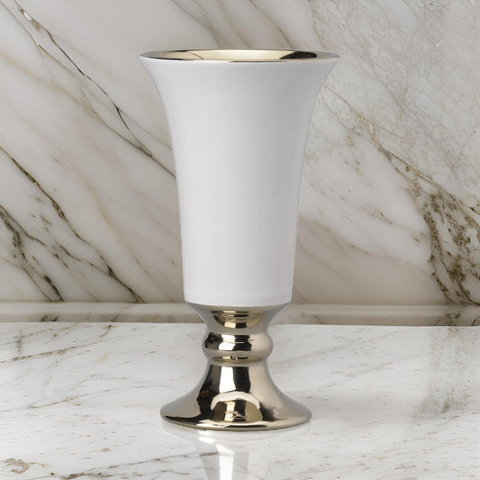 Vase | Ceramic | Flared Top | Pedestal Base | Large | White & Gold