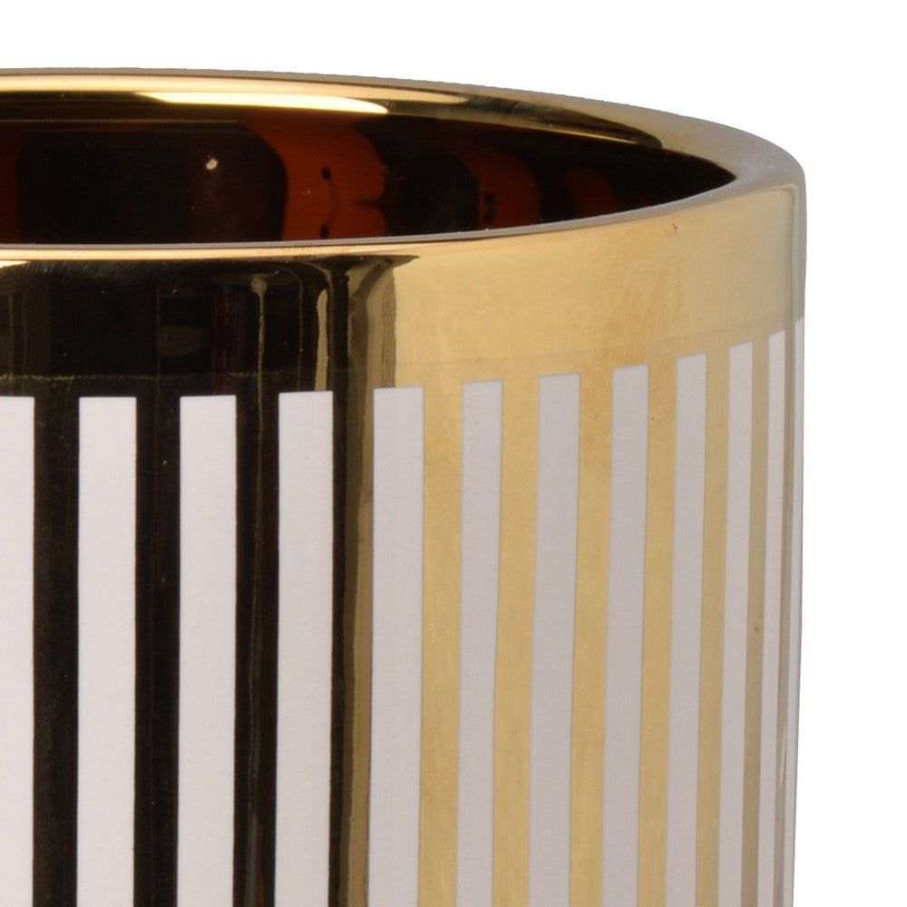 Ceramic Cylindrical Planter with Strips Pattern, White and Gold - BM202243 By Casagear Home