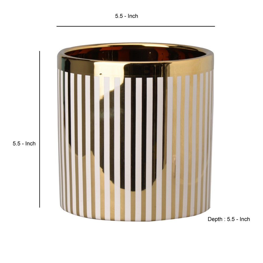 Ceramic Cylindrical Planter with Strips Pattern, White and Gold - BM202243 By Casagear Home