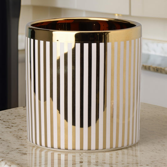 Ceramic Cylindrical Planter with Strips Pattern, White and Gold - BM202243 By Casagear Home