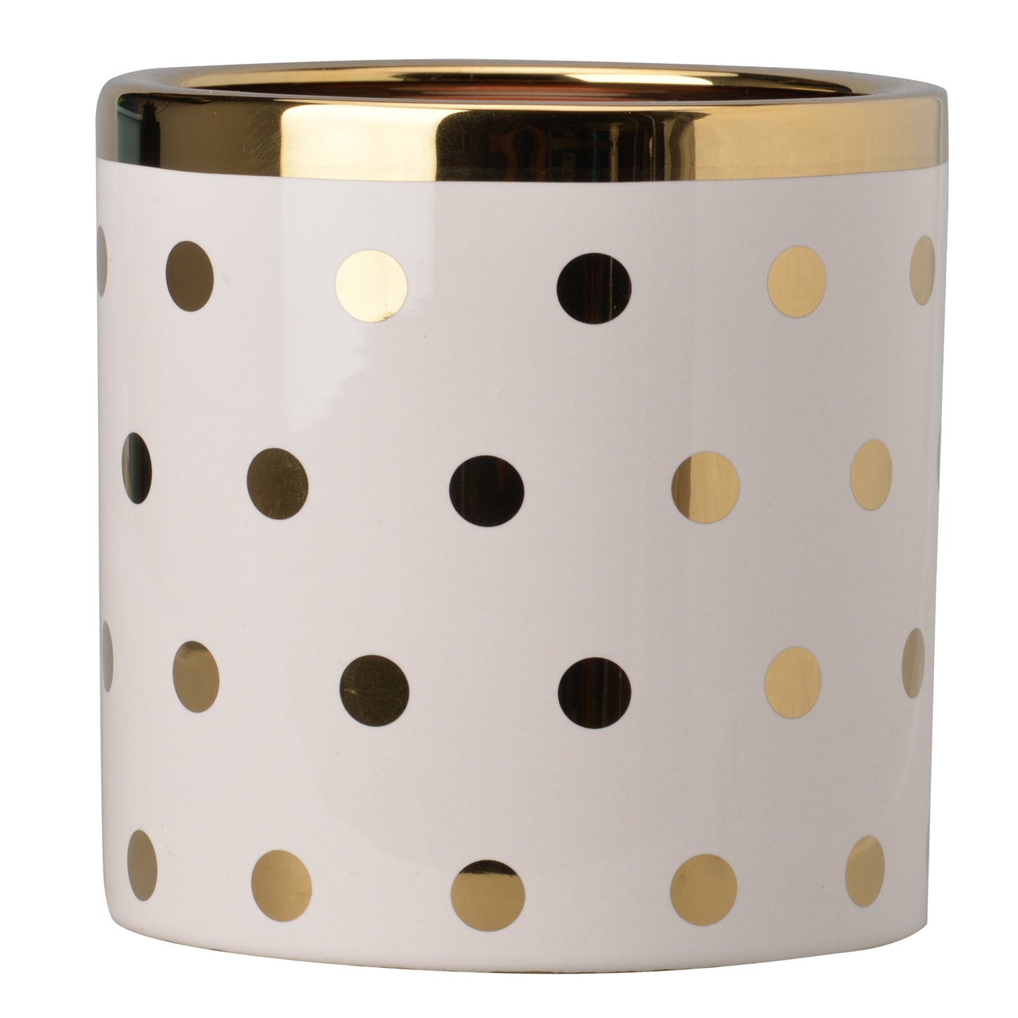 Ceramic Cylindrical Planter with Polka Dots Pattern, White and Gold - BM202244