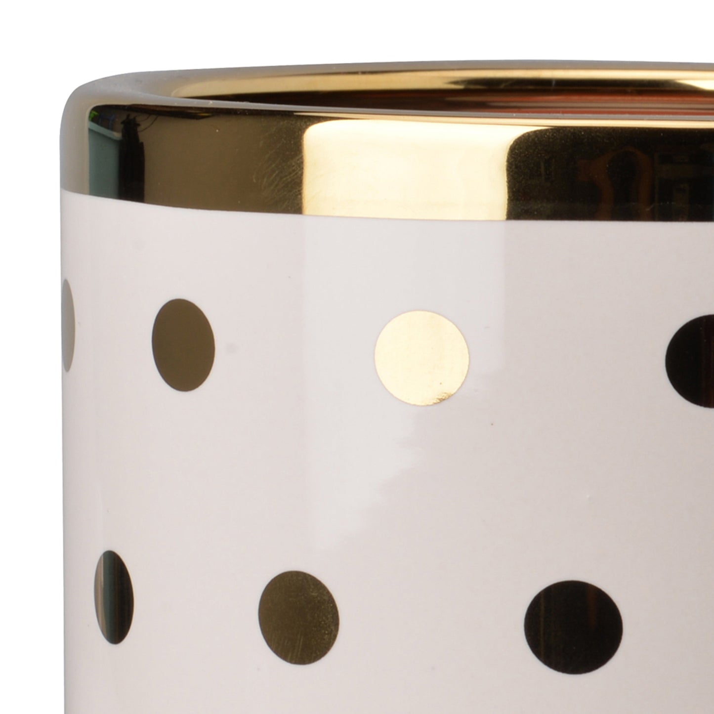 Ceramic Cylindrical Planter with Polka Dots Pattern, White and Gold - BM202244
