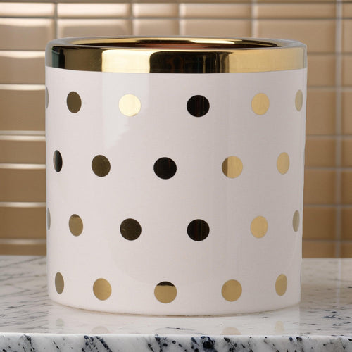 Planter | Ceramic Cylinder | Polka Dot Pattern | White & Gold