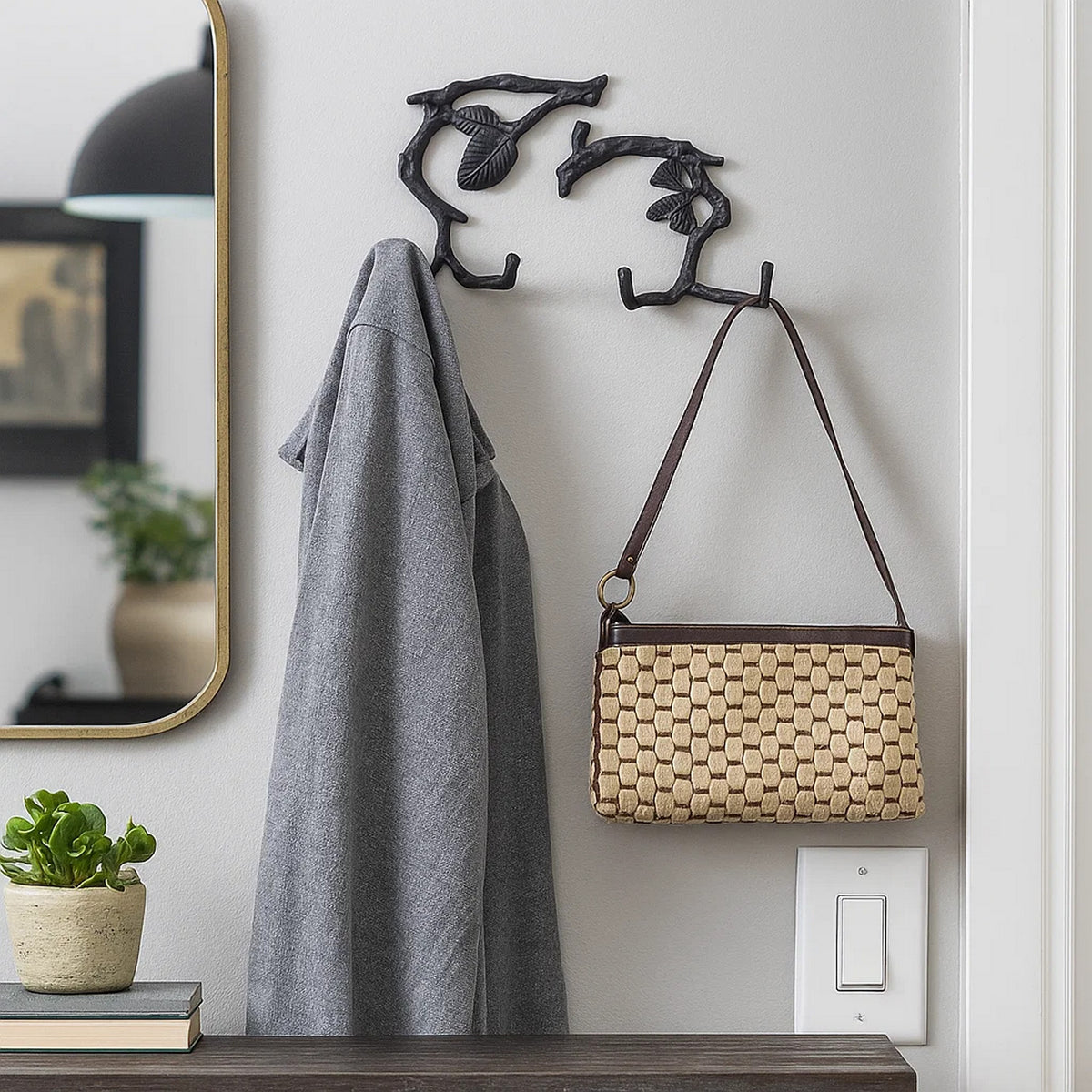 Wall Hooks | Wood Branch Look | Keyhole Hanging | Set of 2 | Black