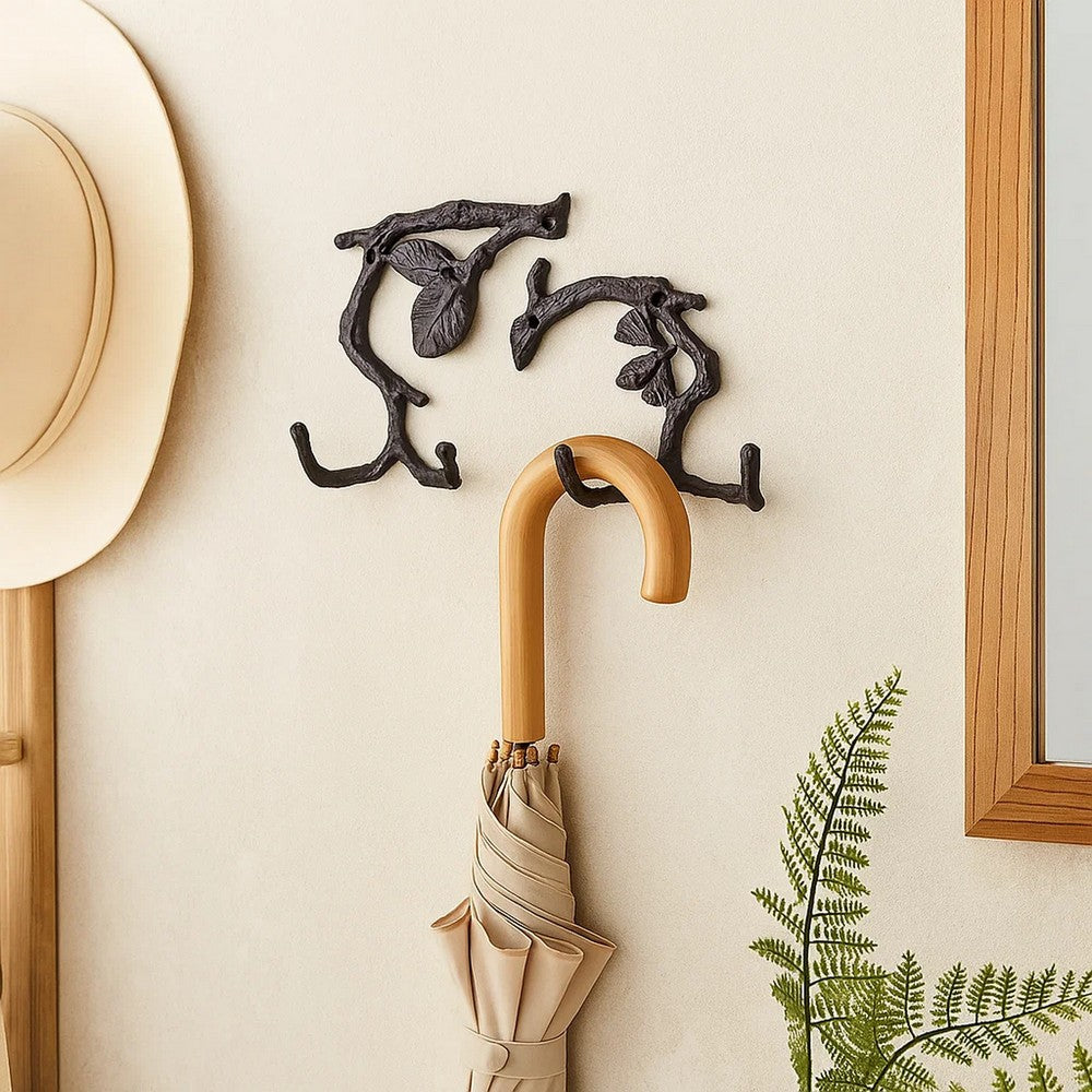 Wall Hooks | Wood Branch Look | Keyhole Hanging | Set of 2 | Black