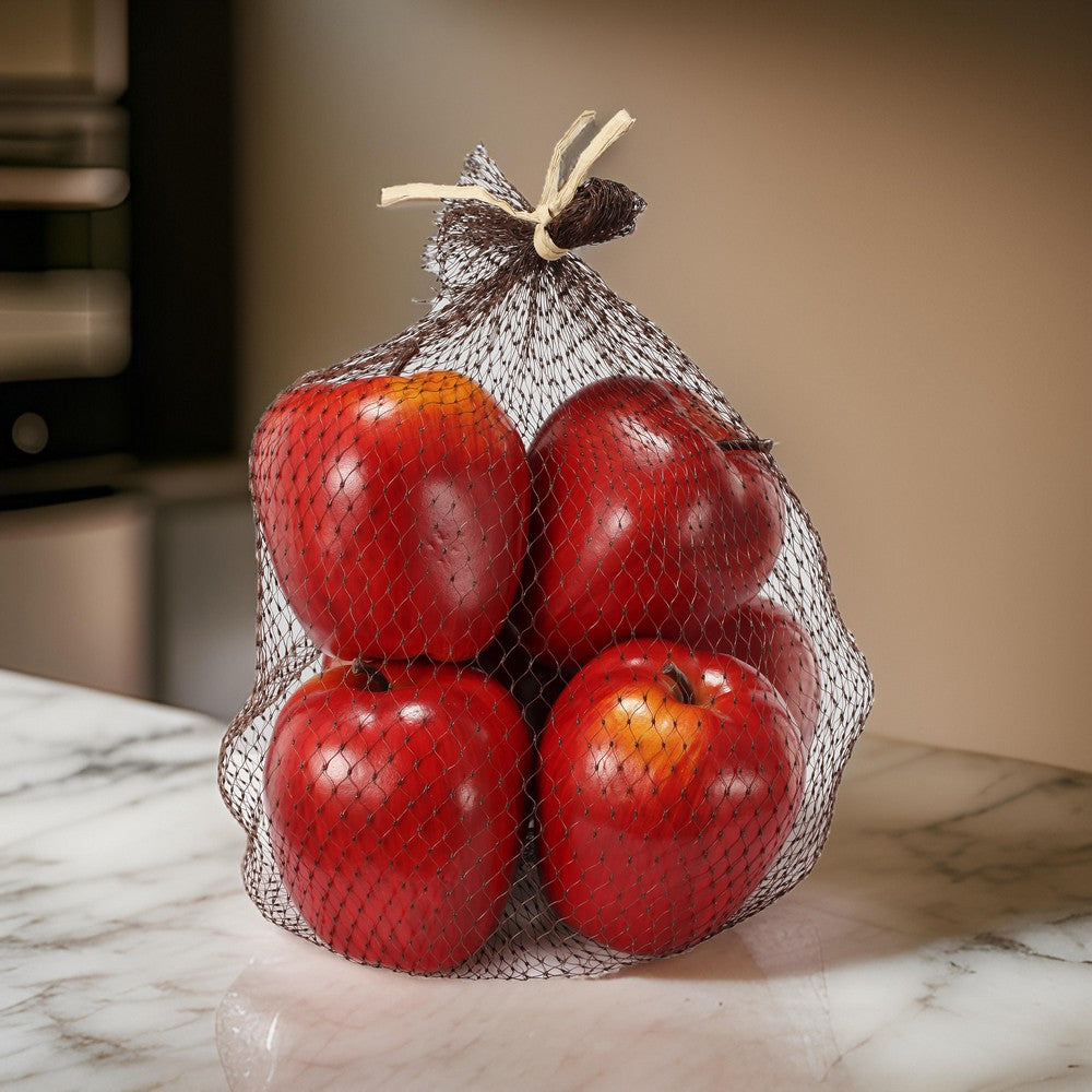 Decorative 6 Piece Artificial Apple in Plastic Net Bag, Red- BM202284 By Casagear Home