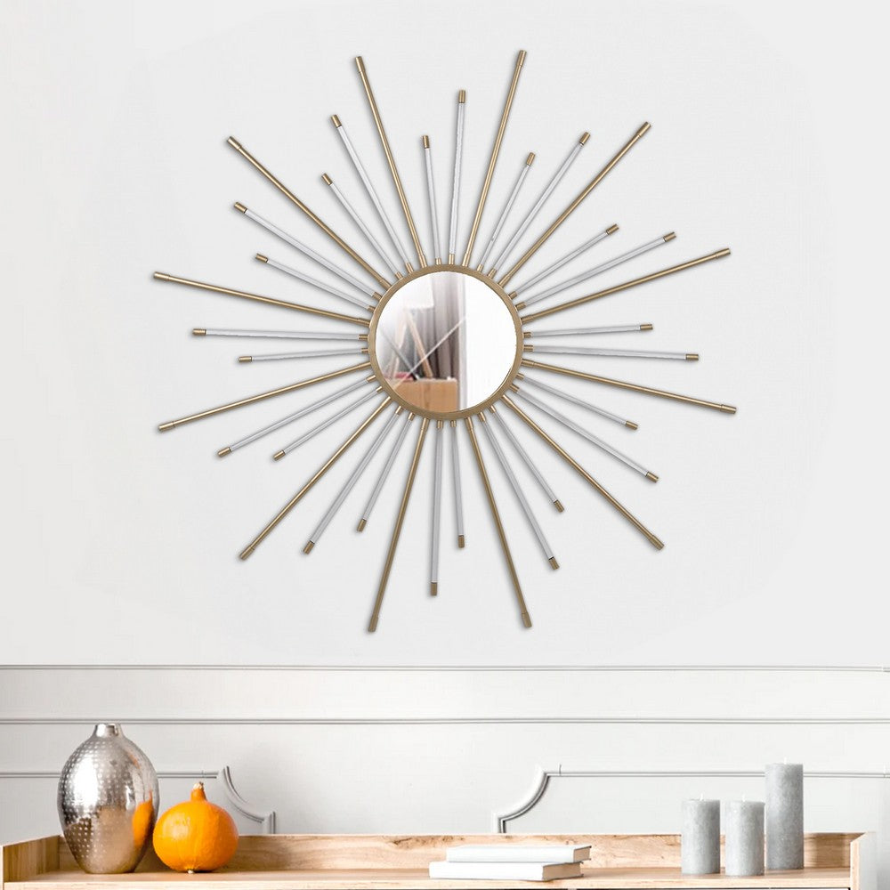Iron Mirror with Sparkled Sunburst Design, Large, White and Gold - BM202286 By Casagear Home