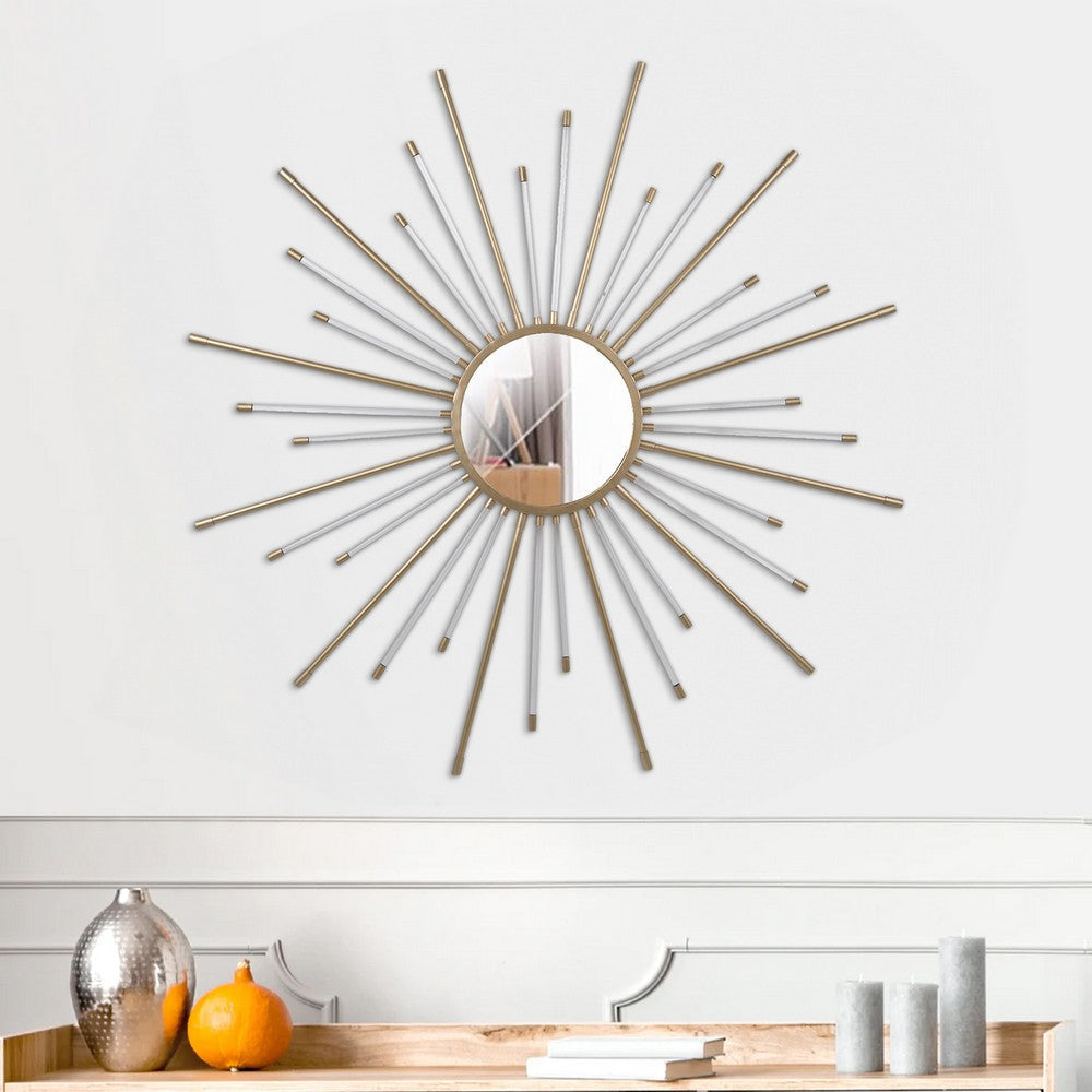 Wall Mirror | Iron Frame | Sunburst Design | 30" | White & Gold