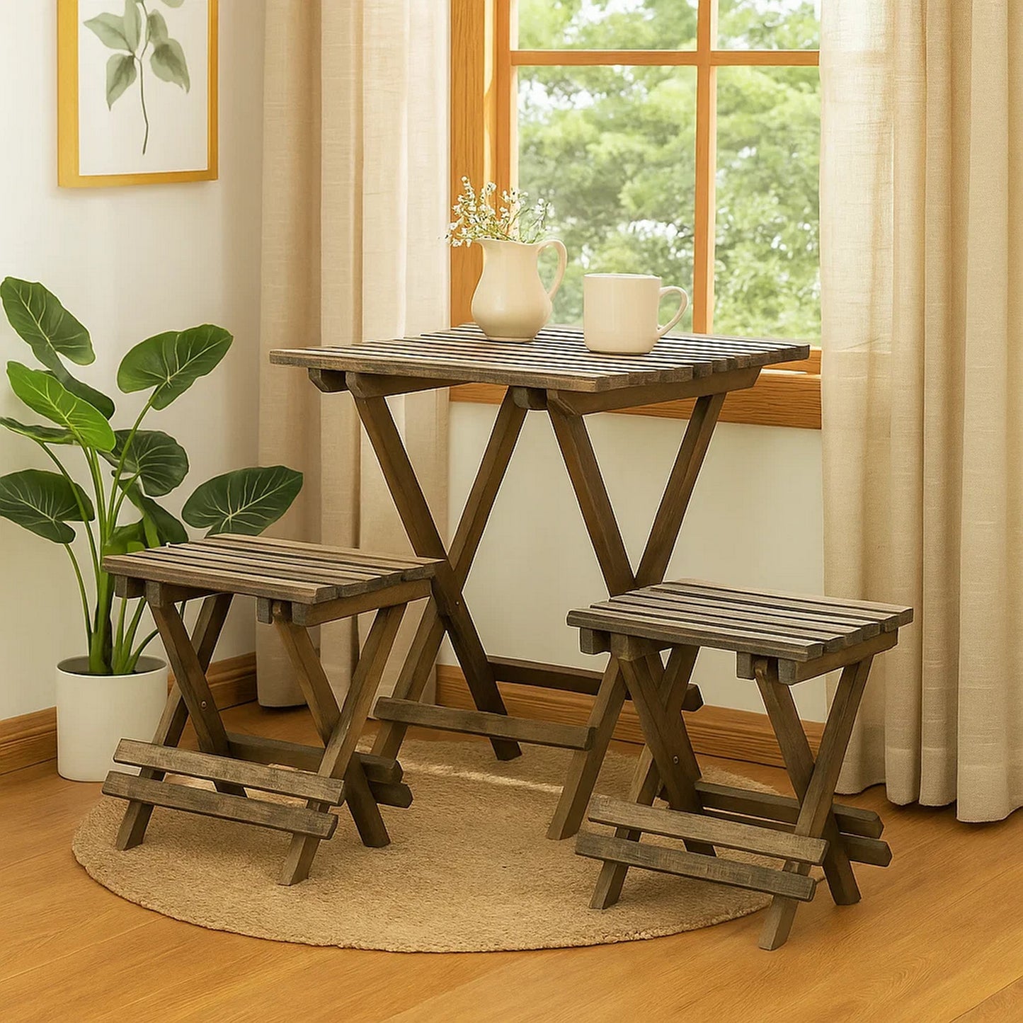 3 Piece Dining Table Set | Wood Chairs | Slatted Table | Brown
