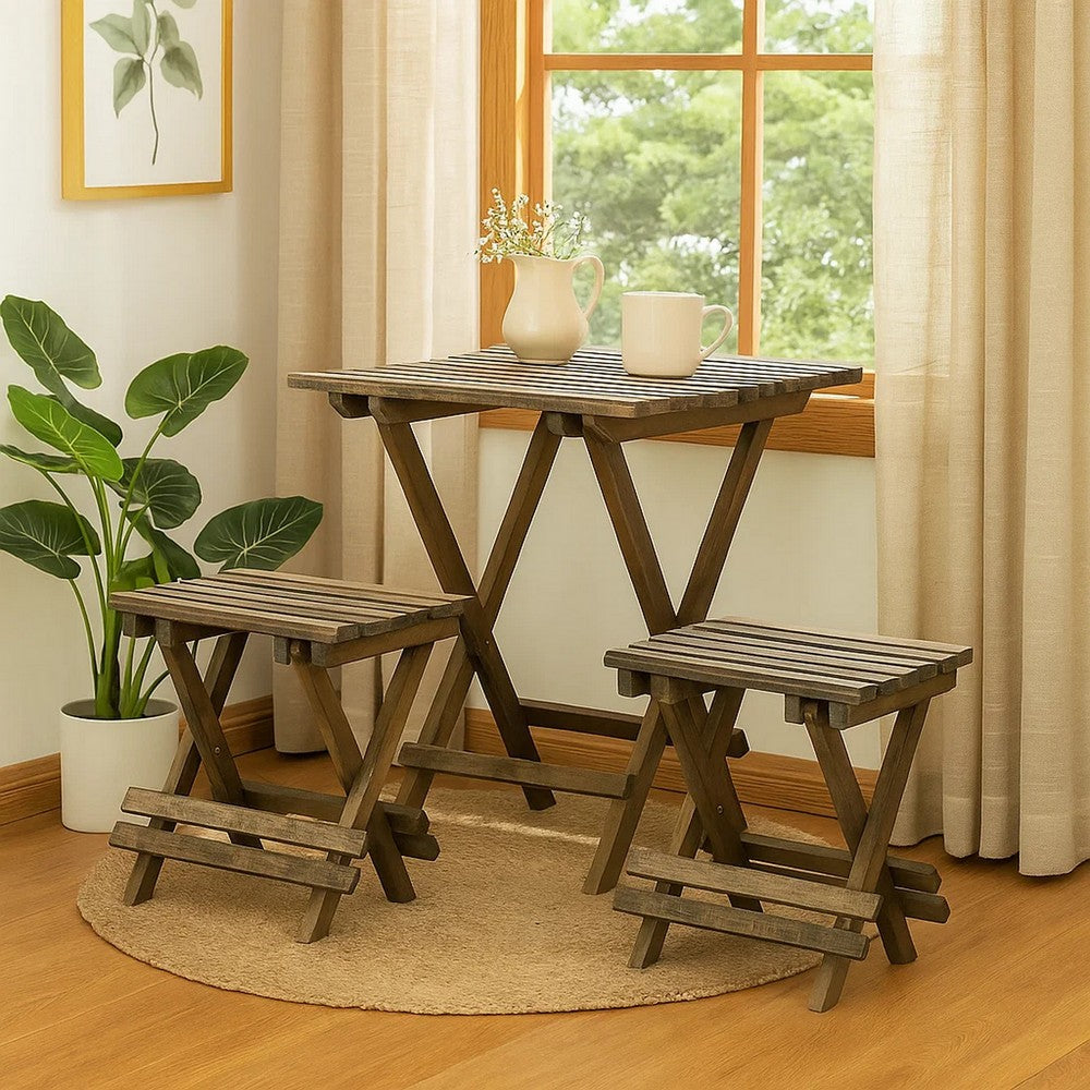 3 Piece Dining Table Set | Wood Chairs | Slatted Table | Brown