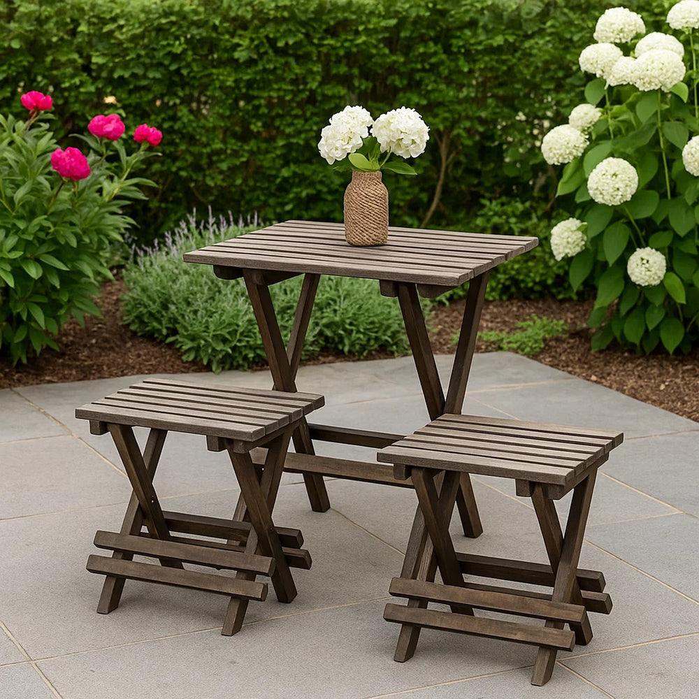 3 Piece Dining Table Set | Wood Chairs | Slatted Table | Brown