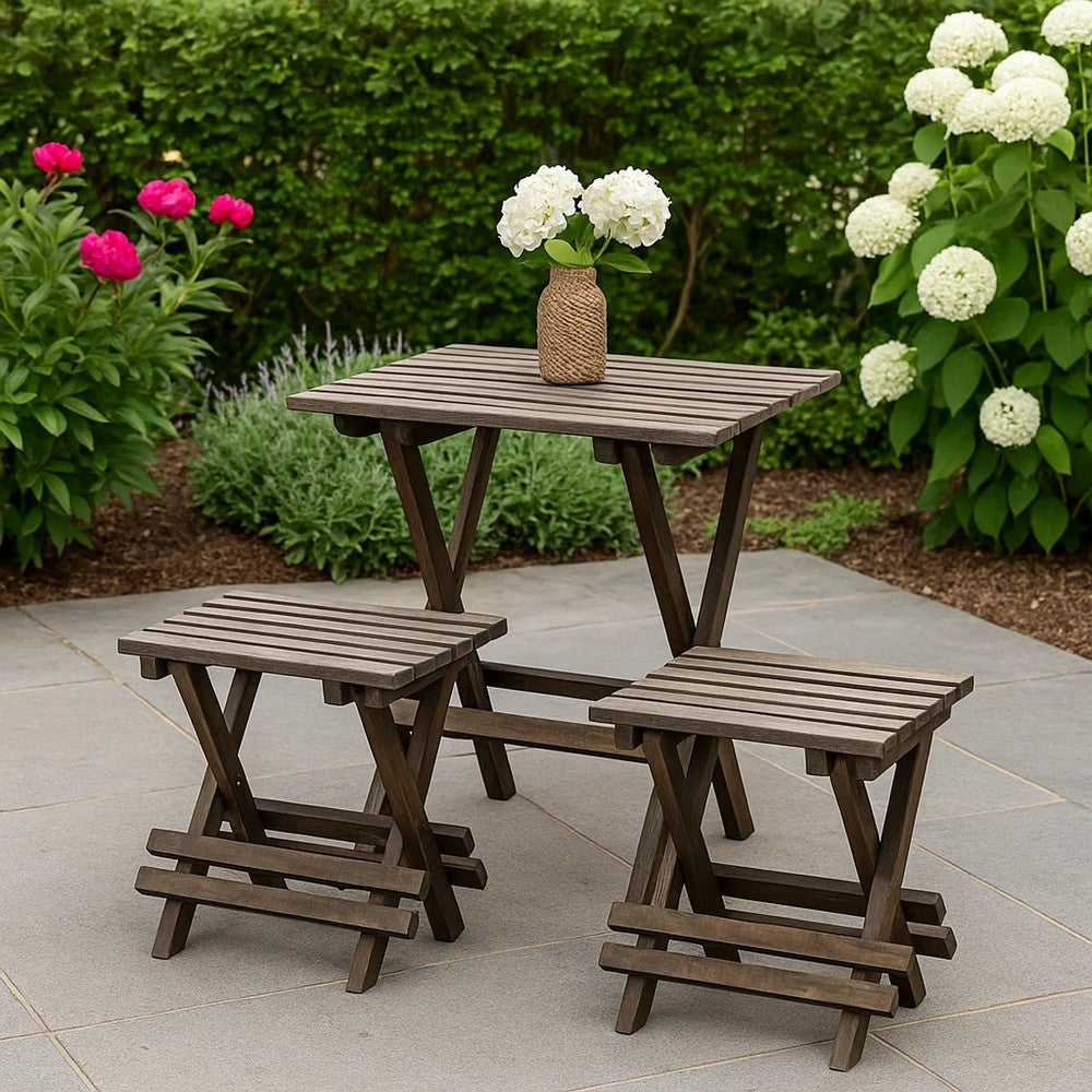 3 Piece Dining Table Set | Wood Chairs | Slatted Table | Brown