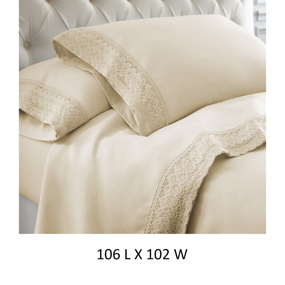Udine 4 Piece California King Size Sheet Set with Crochet Lace By Casagear Home, Cream