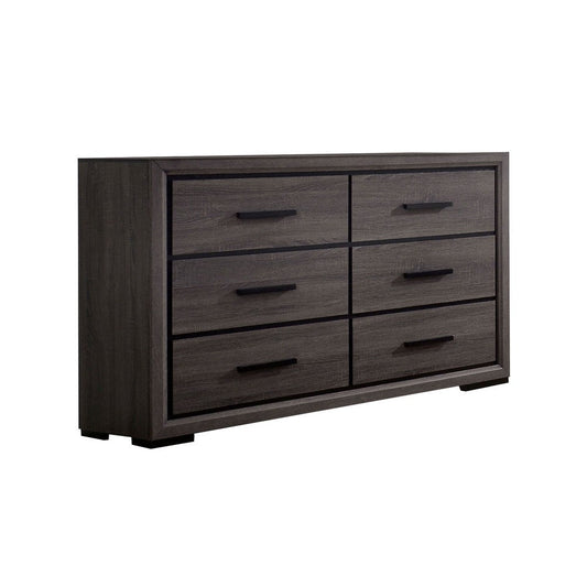 Wooden Dresser with 6 Drawers and Finger Pull Handle, Gray and Black By Casagear Home