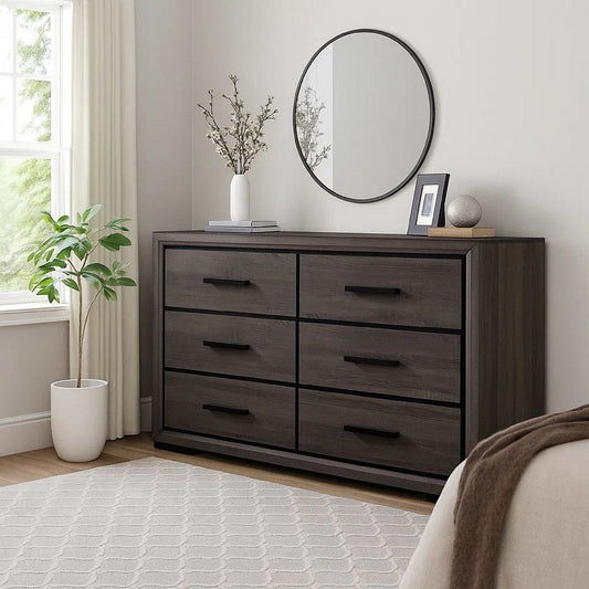 Dresser | 6 Drawer | Finger Pull Handle | Gray & Black