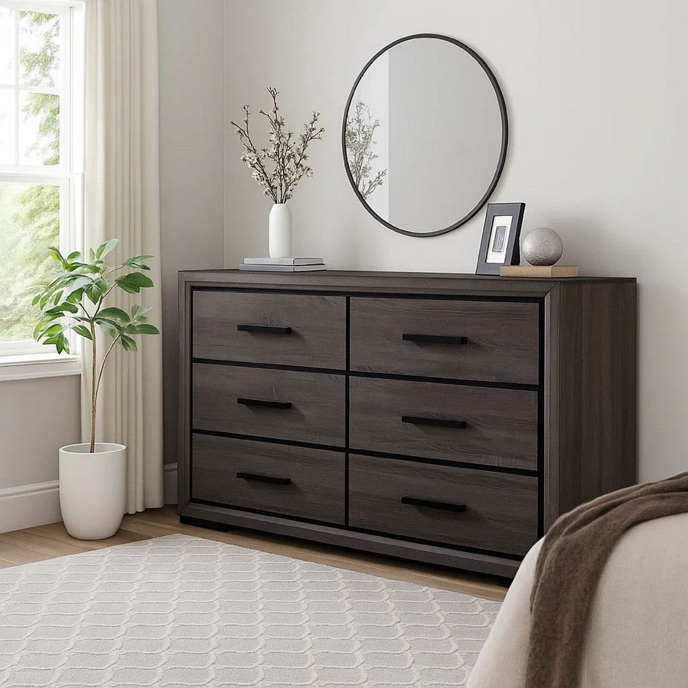 Dresser | 6 Drawer | Finger Pull Handle | Gray & Black
