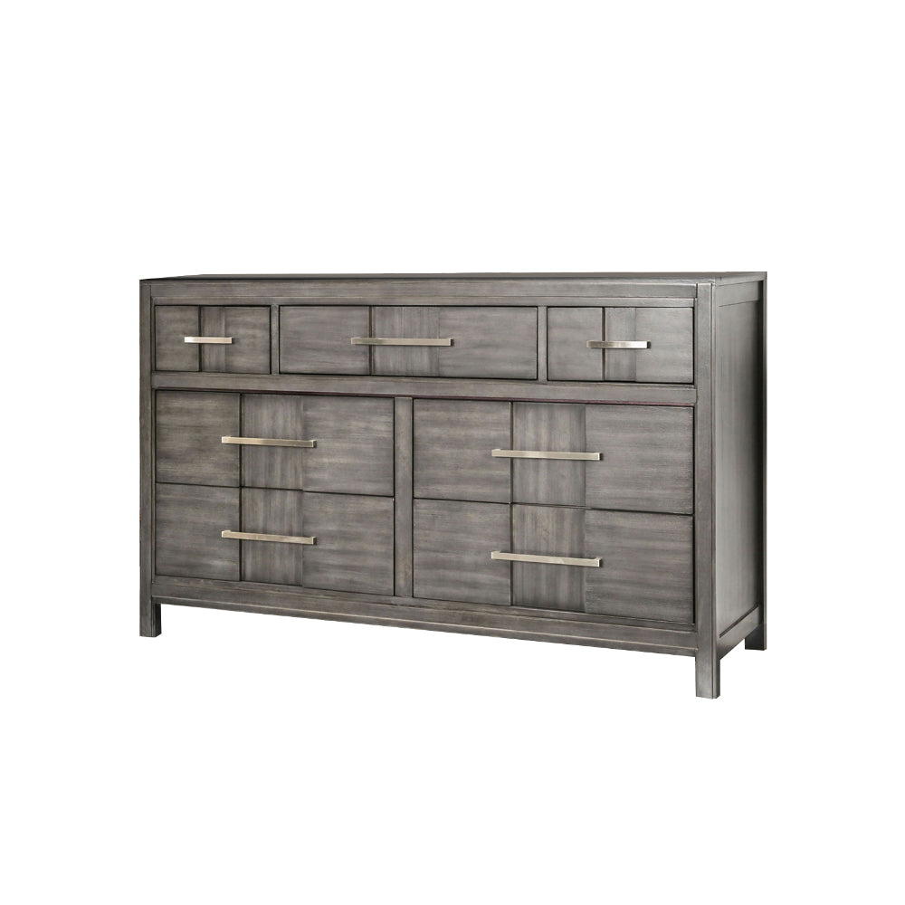 Wooden Dresser with 7 Drawers and Metal Pull, Gray and Silver By Casagear Home