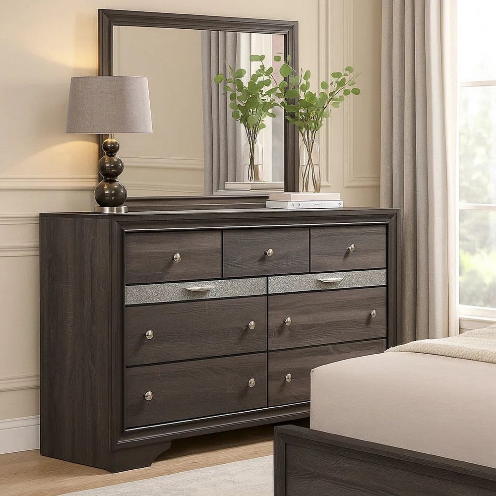 Wooden Dresser with 7 Drawers and 2 Jewelry Drawer, Gray and Silver