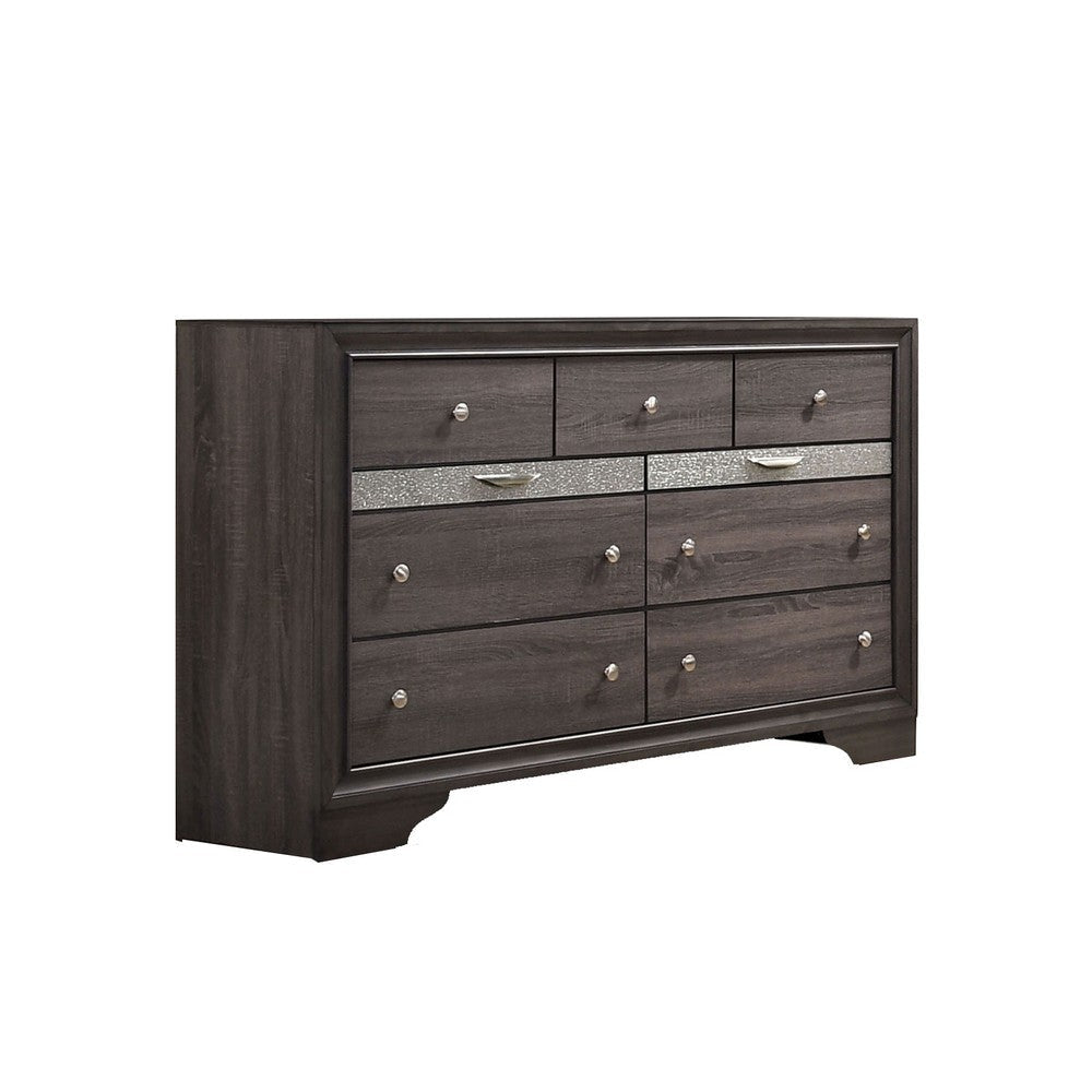 Wooden Dresser with 7 Drawers and 2 Jewelry Drawer, Gray and Silver