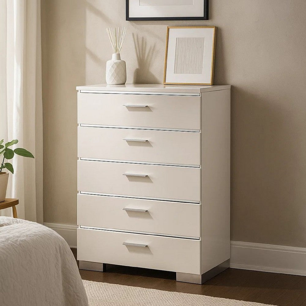 Wood and Metal Chest with 5 Drawers and Block Legs,  White and Silver
