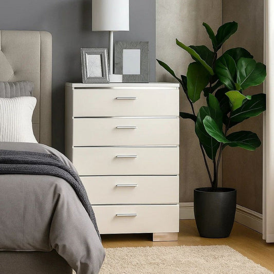 Wood and Metal Chest with 5 Drawers and Block Legs,  White and Silver