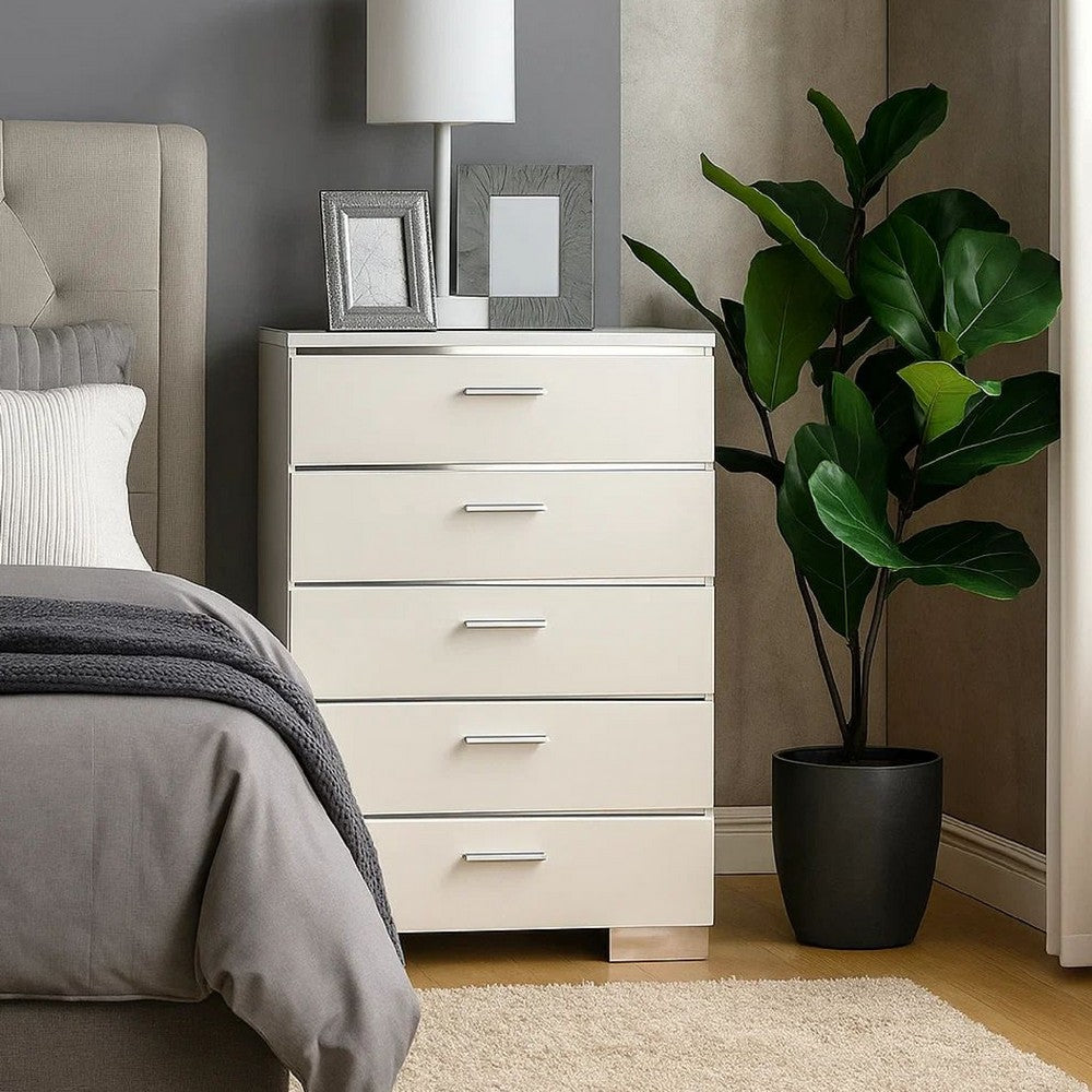 Wood and Metal Chest with 5 Drawers and Block Legs,  White and Silver