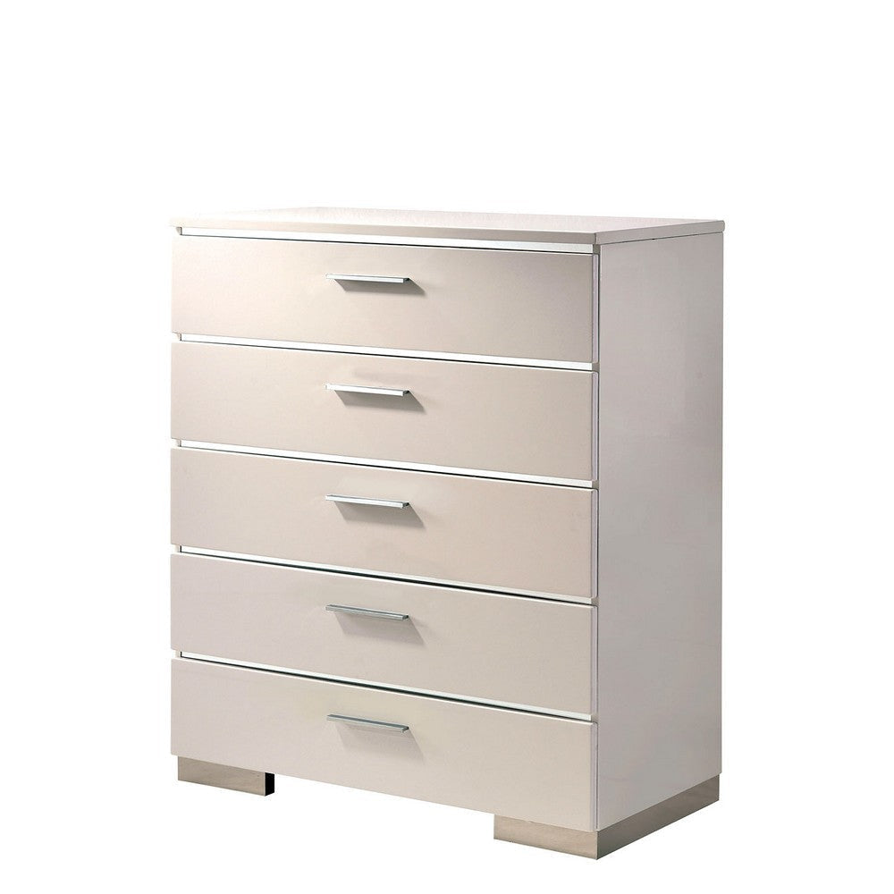Wood and Metal Chest with 5 Drawers and Block Legs,  White and Silver