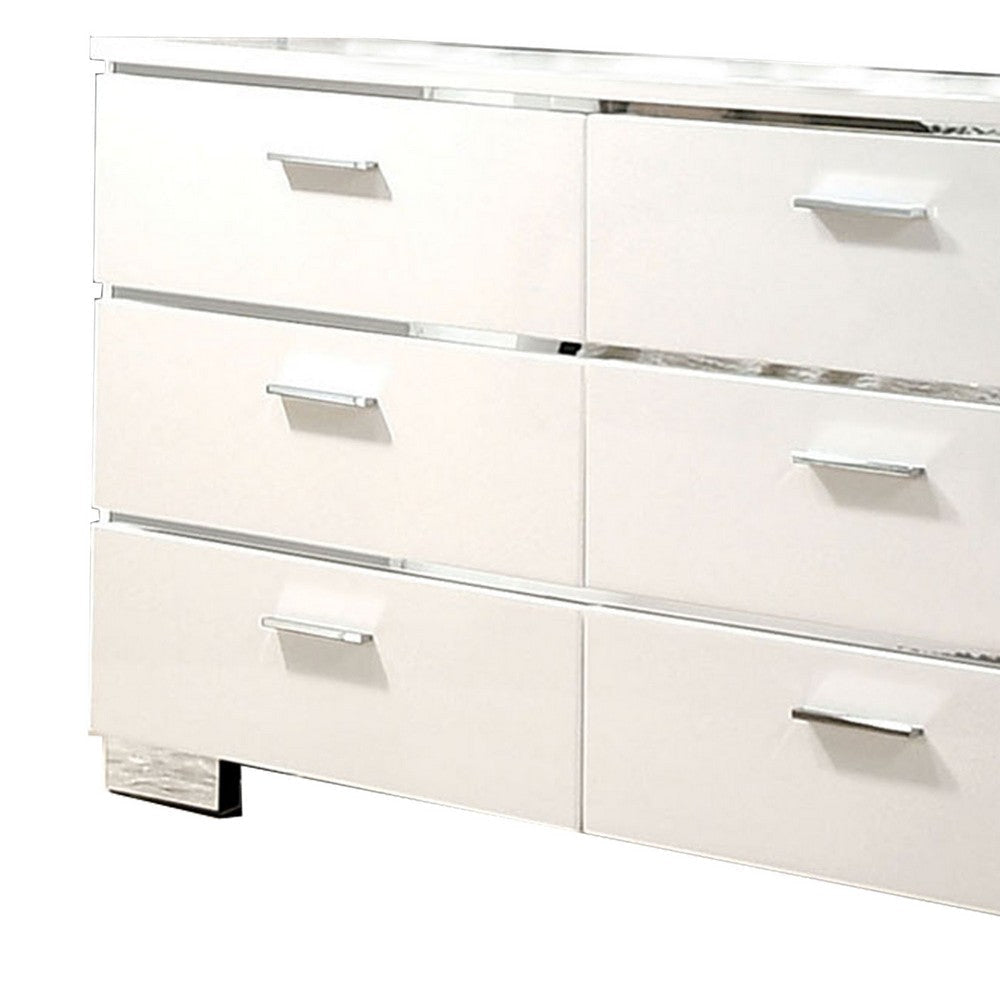 Wood and Metal Dresser with 6 Drawers and Block Leg White and Silver By Casagear Home BM203171