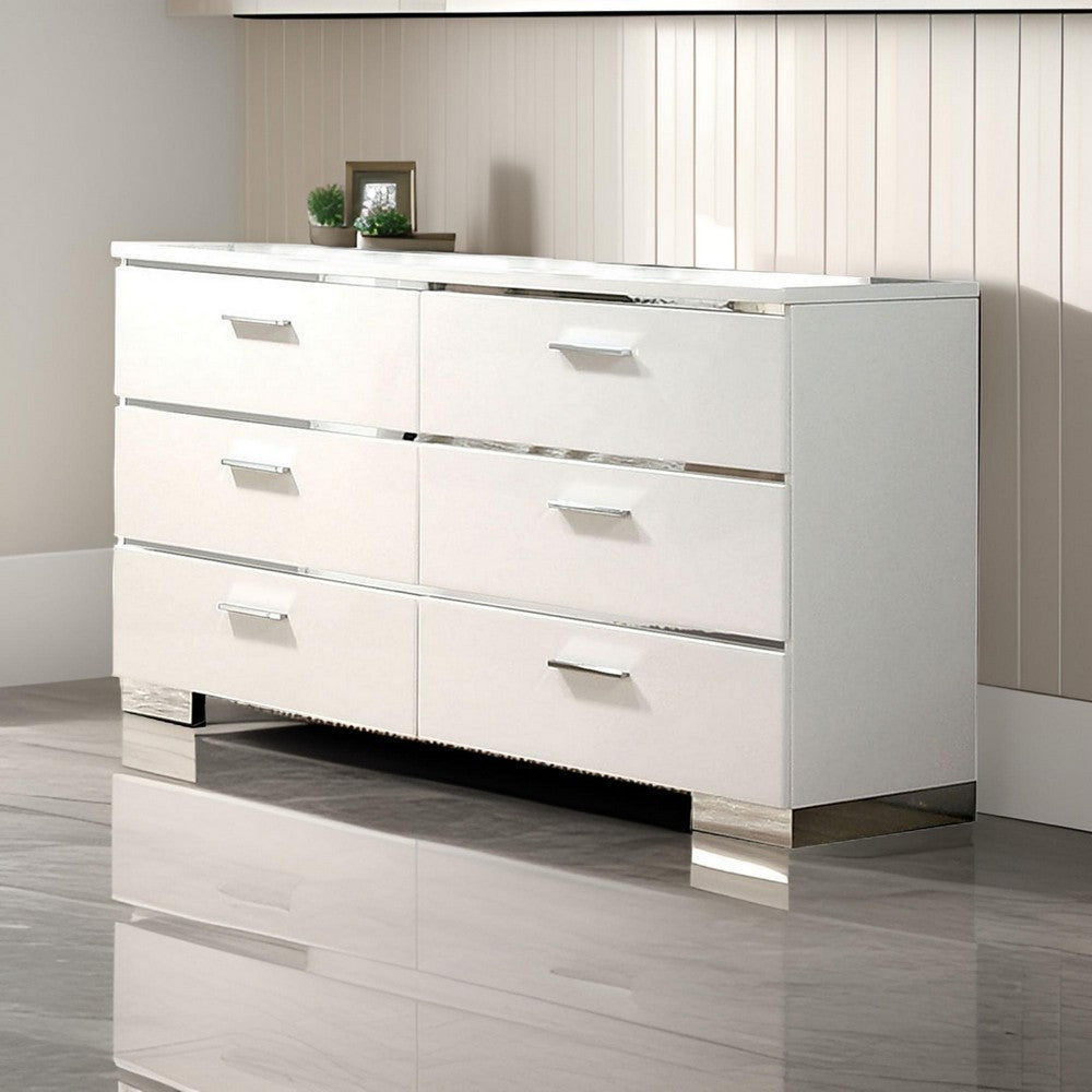 Wood and Metal Dresser with 6 Drawers and Block Leg White and Silver By Casagear Home BM203171