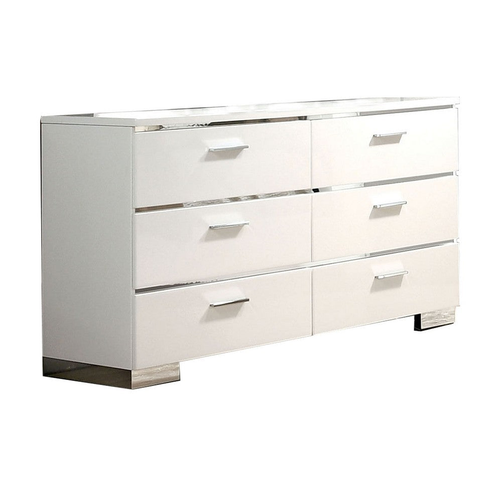 Dresser | 6 Drawer | Wood & Metal | Block Legs | White & Silver