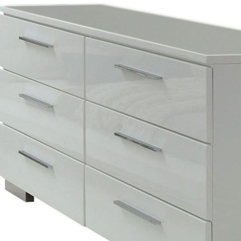 Wooden Dresser with 6 Drawers and Bar Pull Handles White and Silver BM203174