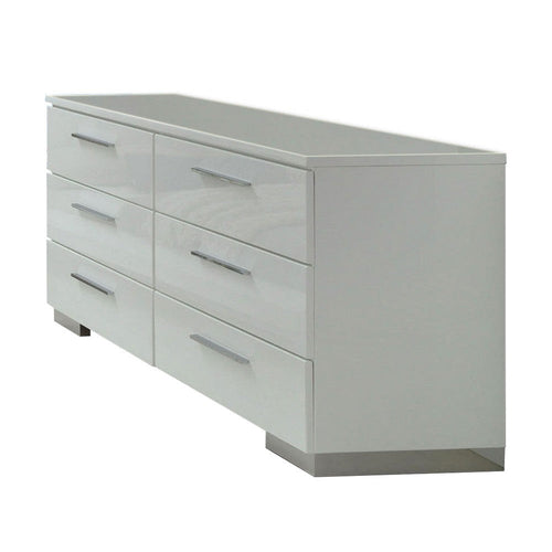 Wooden Dresser with 6 Drawers and Bar Pull Handles, White and Silver