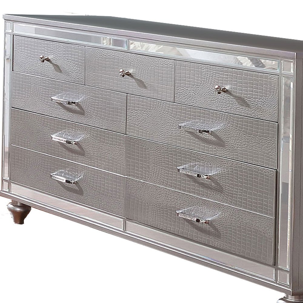 Contemporary Wooden Dresser with 9 Drawers and Turned Legs Silver BM203177
