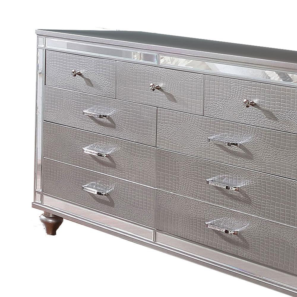 Contemporary Wooden Dresser with 9 Drawers and Turned Legs Silver BM203177