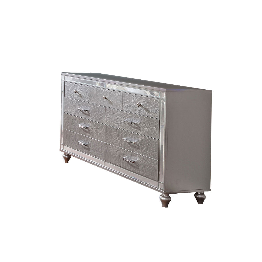 Contemporary Wooden Dresser with 9 Drawers and Turned Legs, Silver