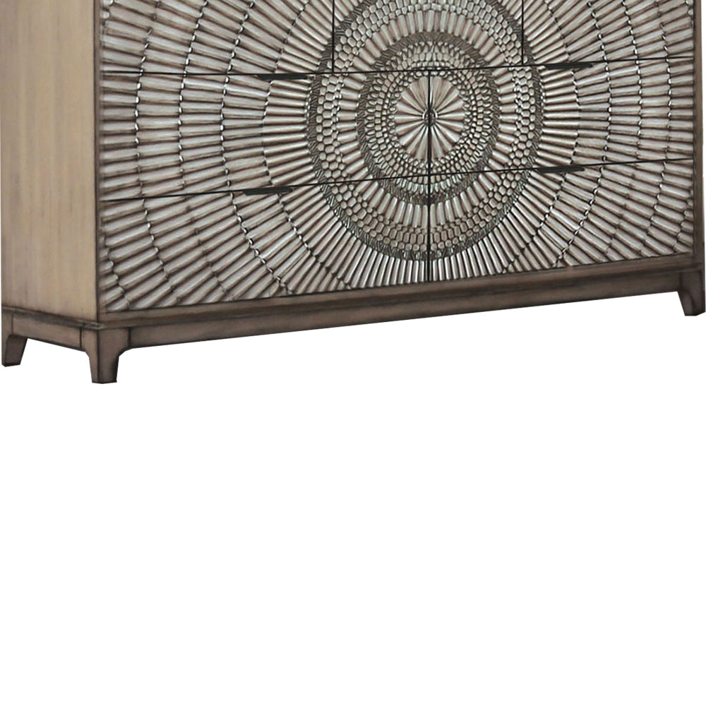 Transitional Style 7 Drawer Wooden Dresser with Circlet Motif Gray By Casagear Home BM203185