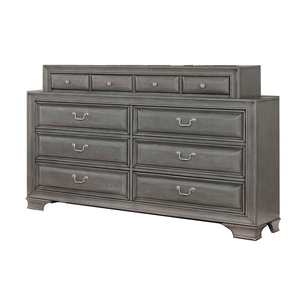 Transitional Wooden Dresser with 10 Drawers and bracket Legs, Gray By Casagear Home