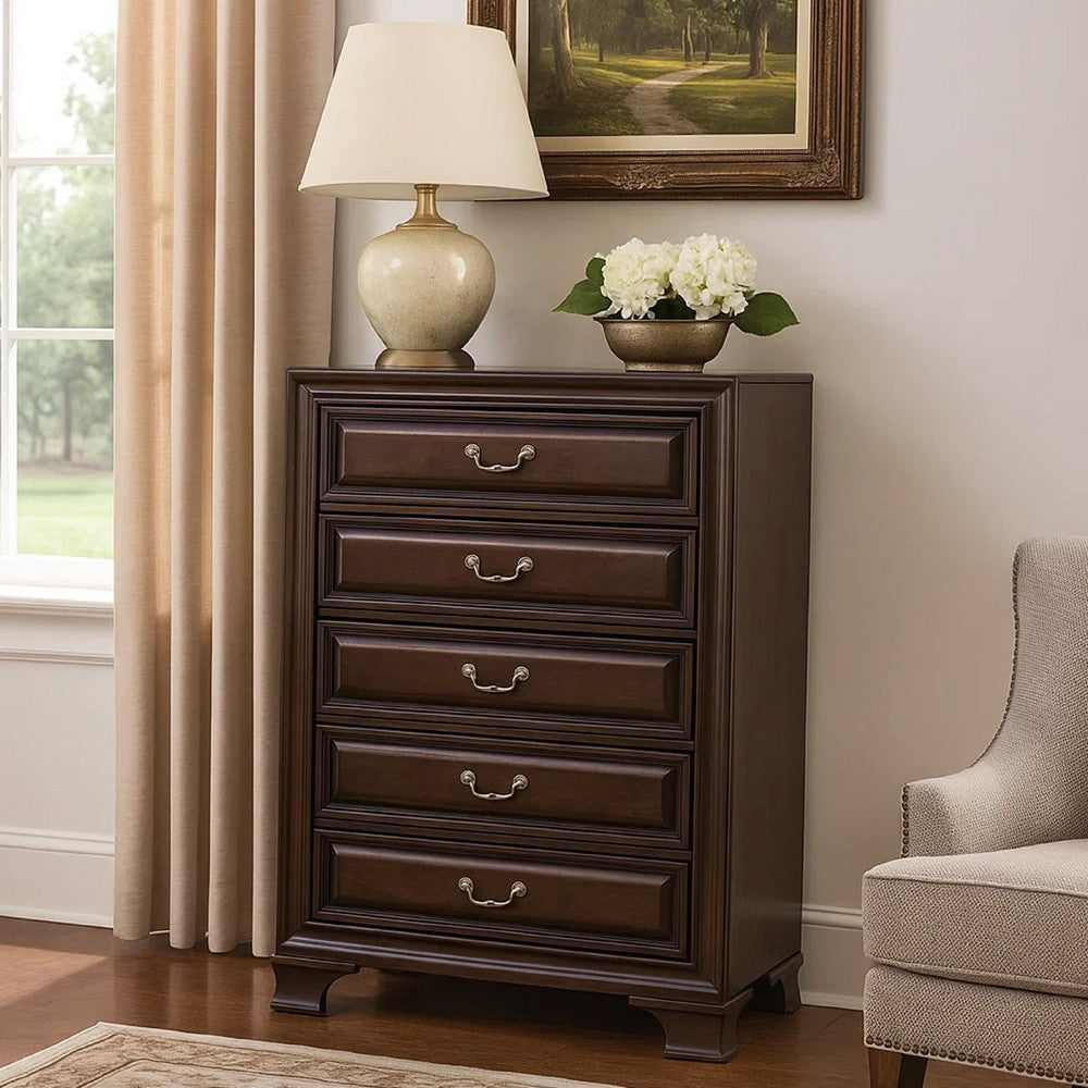 Transitional Style Wooden Chest with 5 Drawers and bracket Legs, Brown