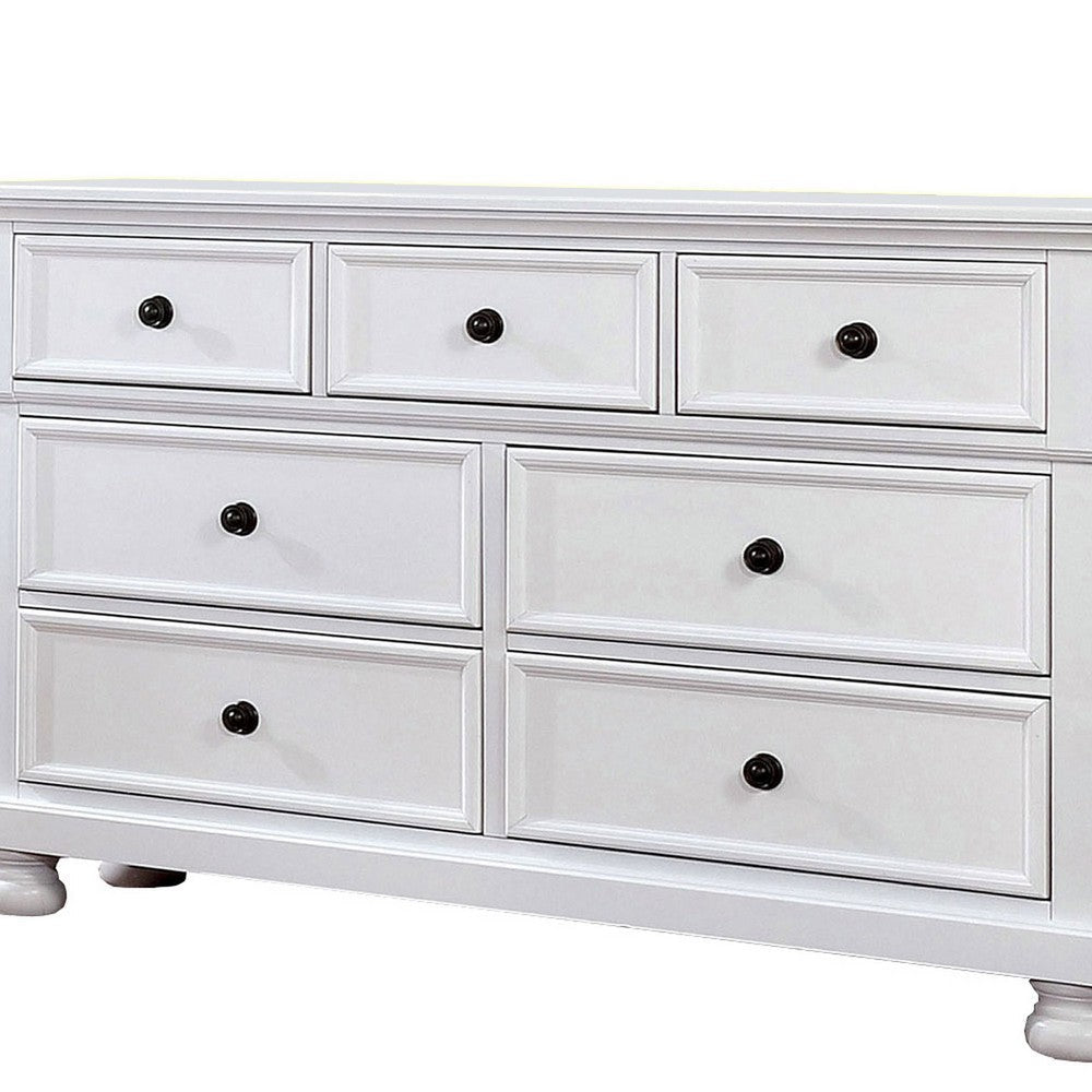 Transitional Wooden Dresser with 7 Drawers and Bun Feet White By Casagear Home BM203240