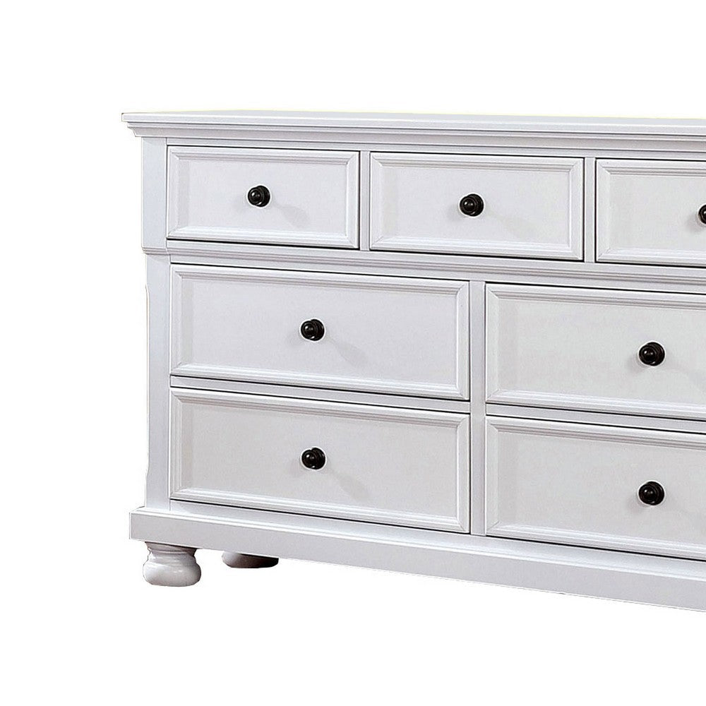 Transitional Wooden Dresser with 7 Drawers and Bun Feet White By Casagear Home BM203240