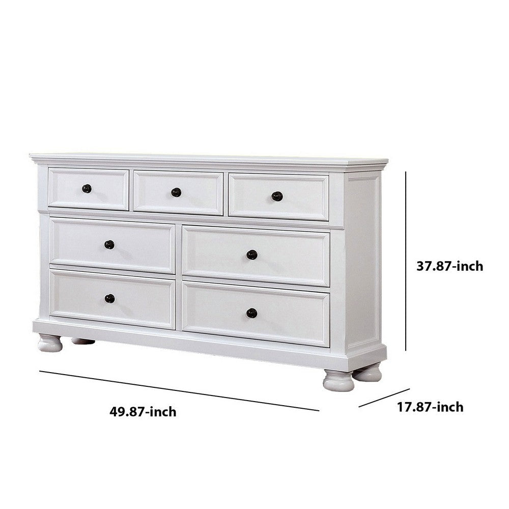 Transitional Wooden Dresser with 7 Drawers and Bun Feet White By Casagear Home BM203240