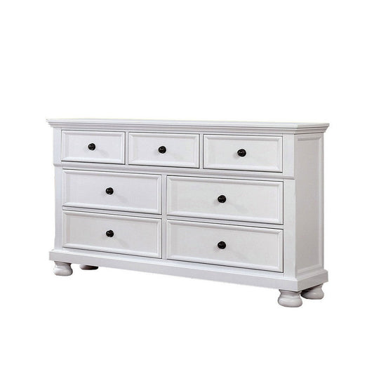 Transitional Wooden Dresser with 7 Drawers and Bun Feet, White By Casagear Home