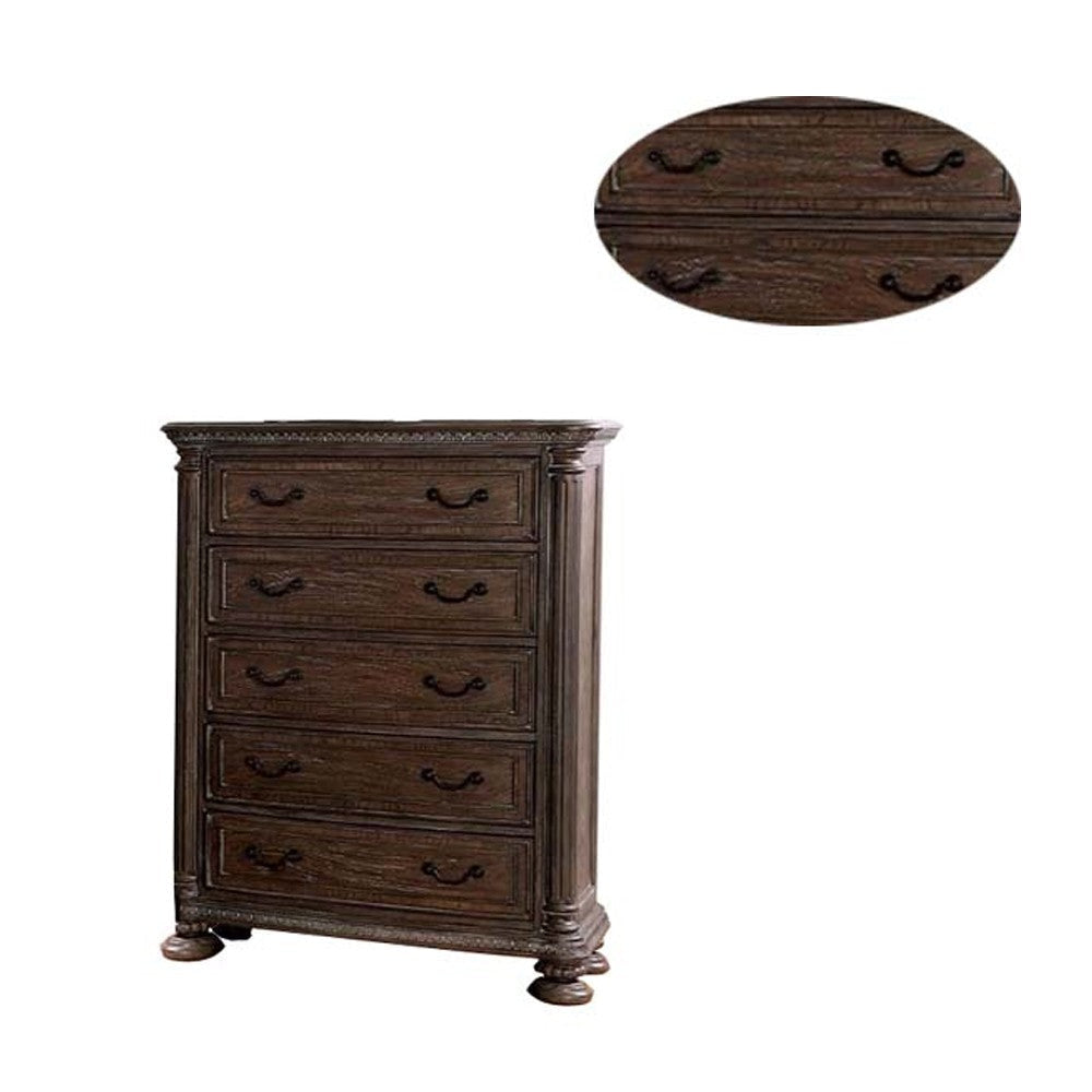 Wooden Chest with 5 Drawers and Intricate Carving Details Brown BM203241