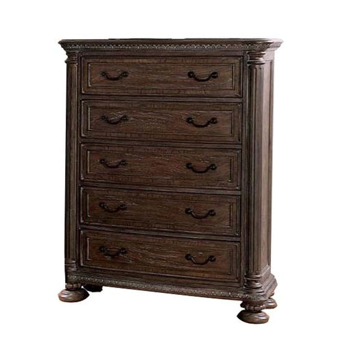Wooden Chest with 5 Drawers and Intricate Carving Details, Brown
