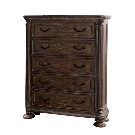 Wooden Chest with 5 Drawers and Intricate Carving Details, Brown