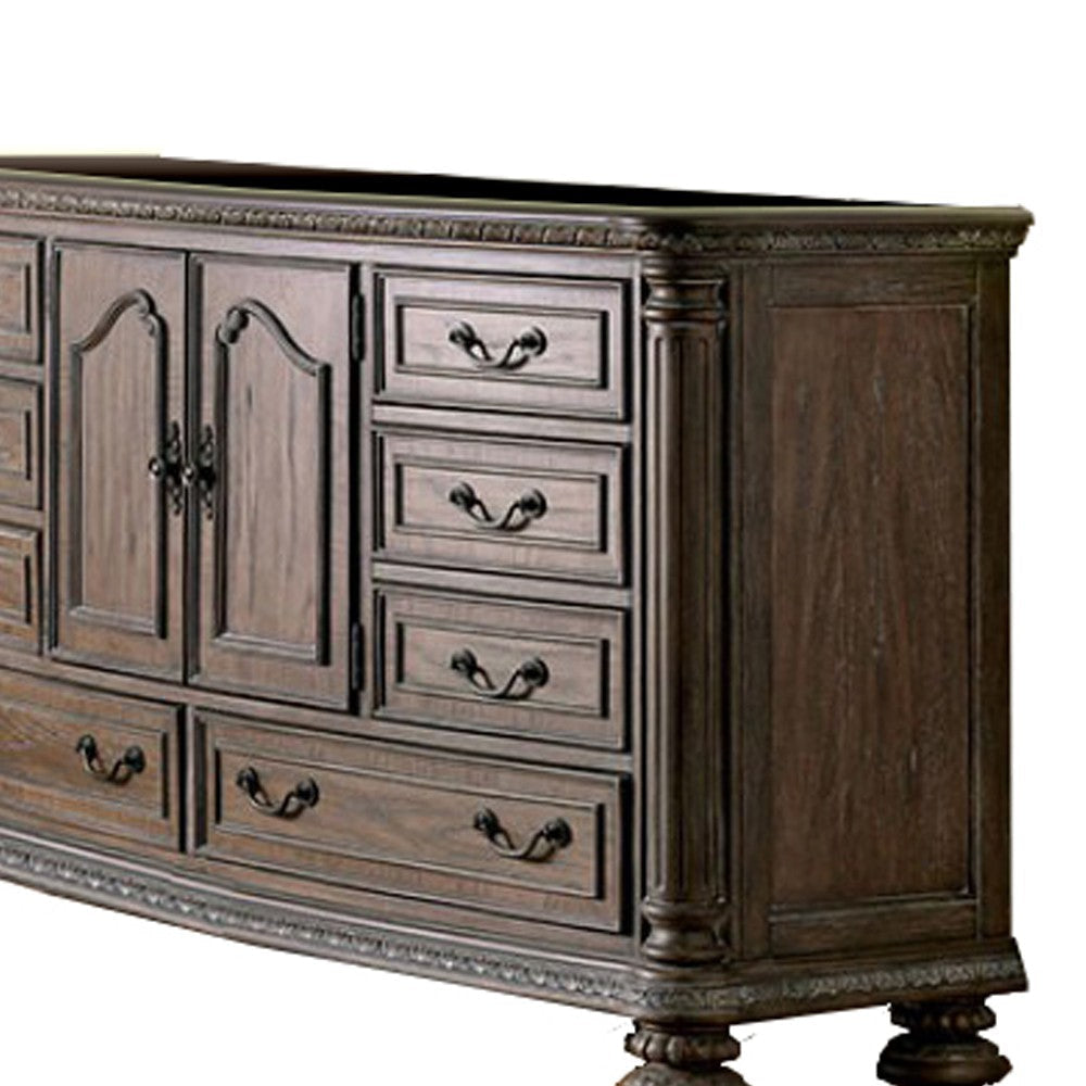 8 Drawers Wooden Dresser with Cabinet and Carving Details Brown BM203242