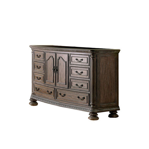 8 Drawers Wooden Dresser with Cabinet and Carving Details, Brown